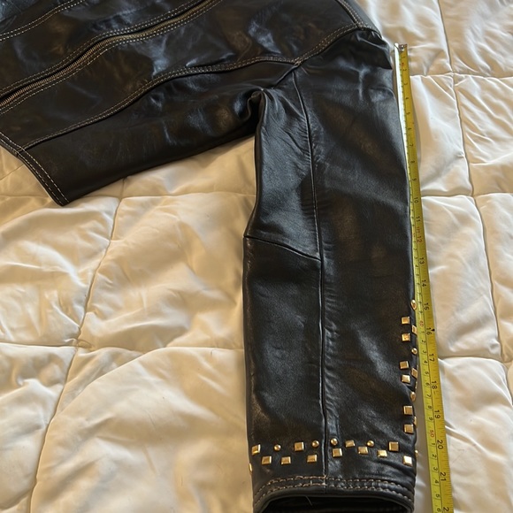 Vintage Black Genuine Leather 2pc  Studded Jacket And Skirt Size Small Petite - Picture 12 of 17
